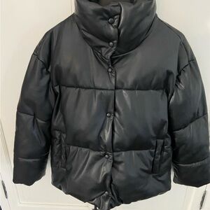 Black faux leather Puffer Jacket. Size Small